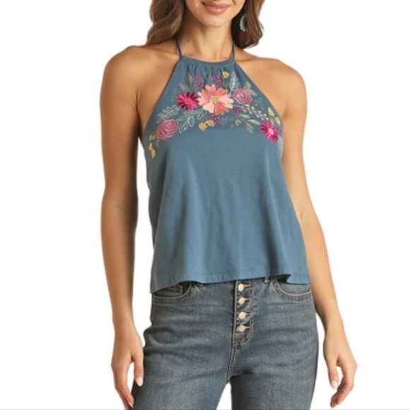 Rock & Roll Denim Pink Embroidered Floral on Blue Cropped Tank Top M (5172) - Picture 1 of 7